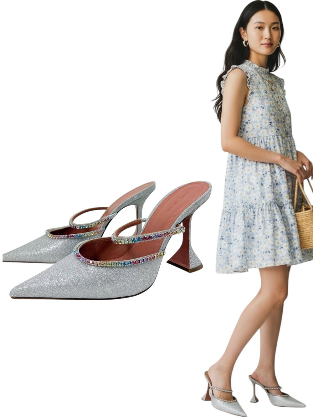 Amina Muaddi Gilda Crystal Embellished Glitter Mules Silver Size 40